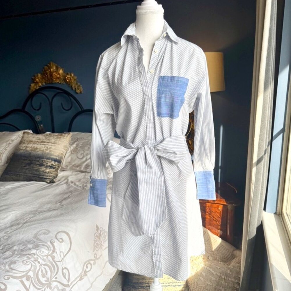 Frame Denim 100% Cotton Blue Pinstriped Shirt Dress w Wrap Belt